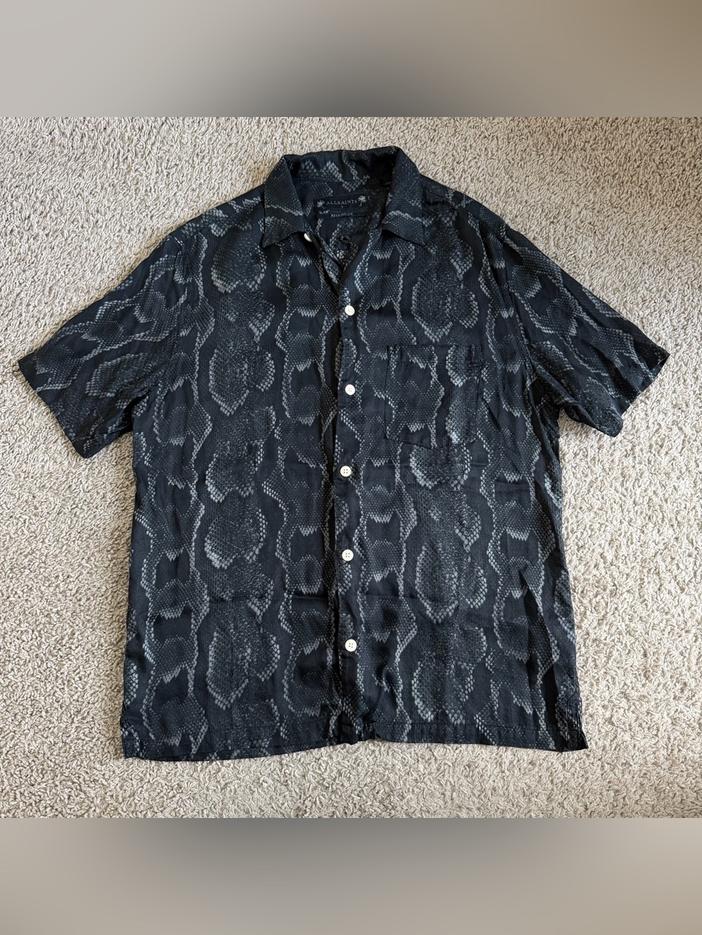 All Saints Shredded Python Print Relaxed Fit Short Sleeve Button Up Shirt